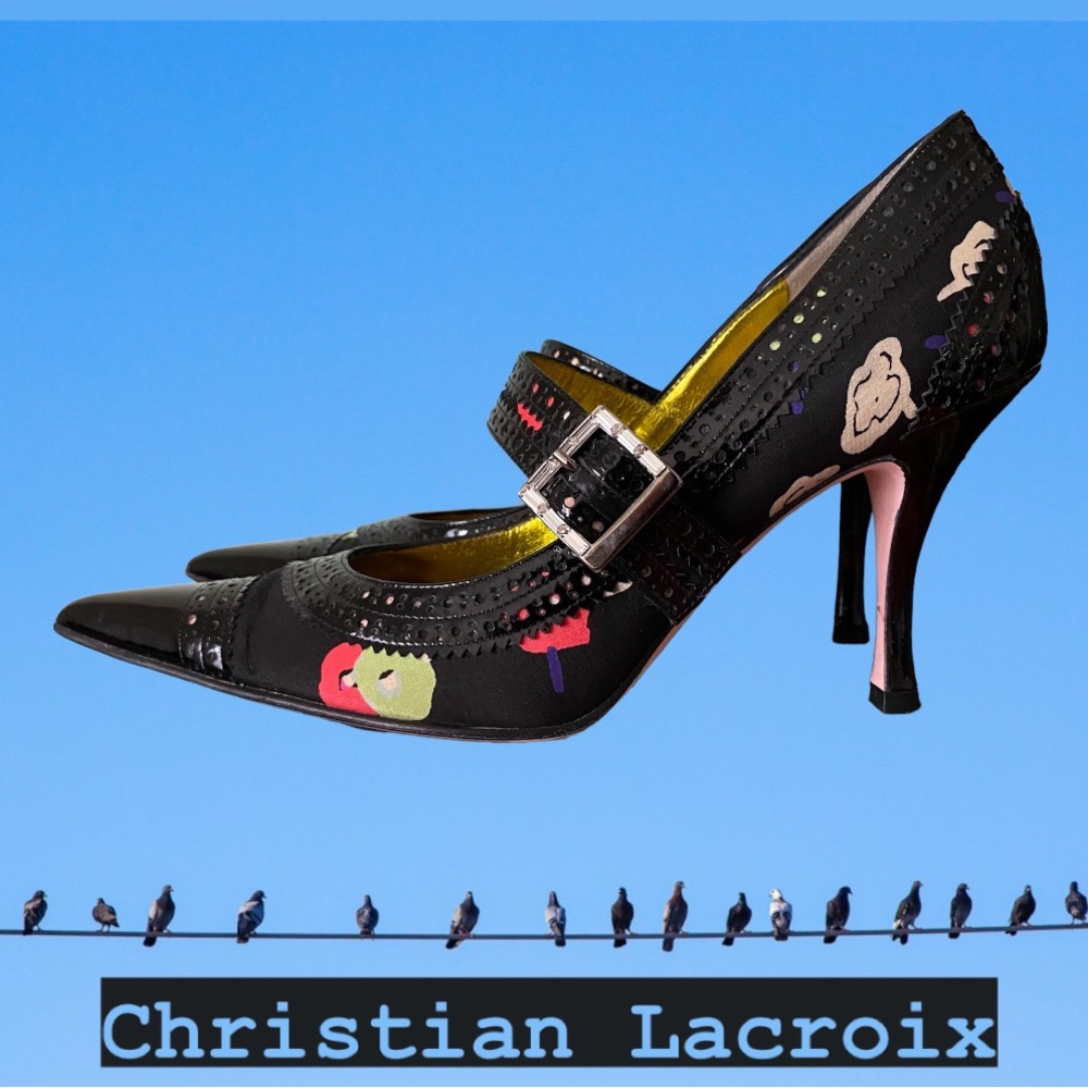 Rare♦️Christian Lacroix Floral Heels Shoes Mary Jane Pumps VTG Strap